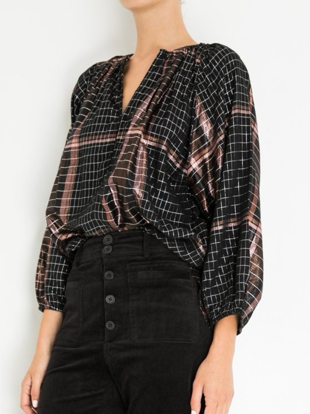 Apiece Apart Isla Metallic Windowpane Blouse in Black/Bronze